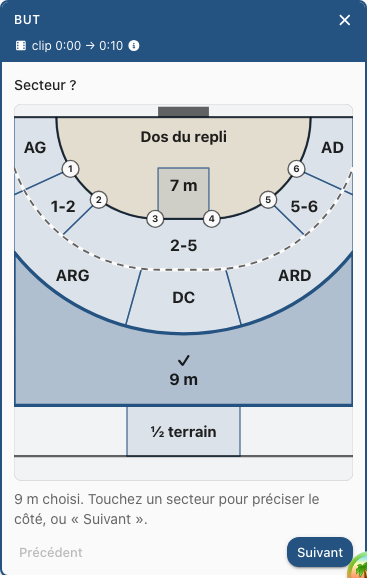 La carte « Secteur ? » avec « 9 m » choisi seul : la zone en teinte claire cochée, la ligne d'aide et le bouton Suivant