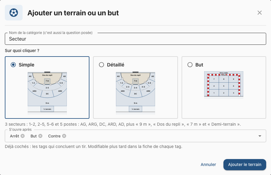 La fenêtre Ajouter un terrain ou un but : le nom, les trois cartes et les tags d'ouverture en étiquettes