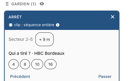 La carte ARRÊT : Secteur 2-5 choisi, question « Qui a tiré ? · HBC Bordeaux » avec les numéros 4, 8, 10, 16