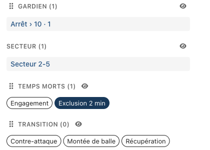 Le panneau après l'arrêt : Gardien « Arrêt › 10 · 1 », Secteur « Secteur 2-5 », et Exclusion 2 min posé dans Temps morts