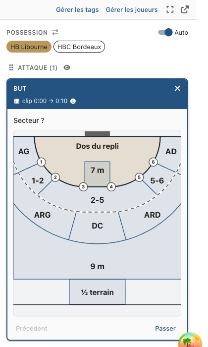 La carte BUT ouverte sur la question Secteur ? : le demi-terrain avec AG, AD, 1-2, 2-5, 5-6, ARG, DC, ARD, 7 m, 9 m et ½ terrain