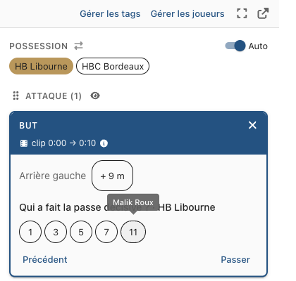 La question « Qui a fait la passe décisive ? » : le 9 n'est plus proposé, le nom Malik Roux s'affiche au survol du 11