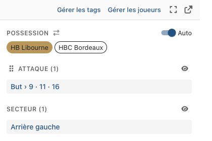 Le panneau après le but : Attaque « But › 9 · 11 · 16 », Secteur « Arrière gauche »