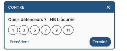 La carte CONTRE : question « Quels défenseurs ? · HB Libourne » avec les numéros 1, 3, 5, 7, 9, 11 et le bouton Terminé