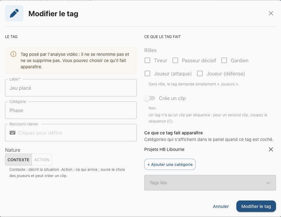 La fiche de Jeu placé : « Ce que ce tag fait apparaître » avec Projets HB Libourne