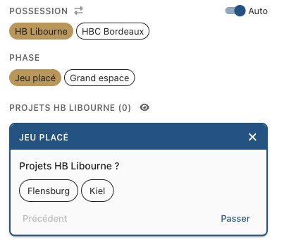 Dans Analyser : la phase Jeu placé posée, et la carte JEU PLACÉ ouverte sur « Projets HB Libourne ? » avec Flensburg et Kiel