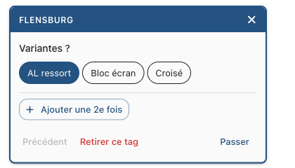 La carte FLENSBURG rouverte : AL ressort enfoncé, le bouton « Ajouter une 2e fois », et Retirer ce tag